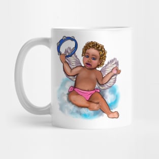Curly haired Angel playing the tambourine on a cloud- blissful Sun kissed curly haired Baby cherub angel classical art Mug